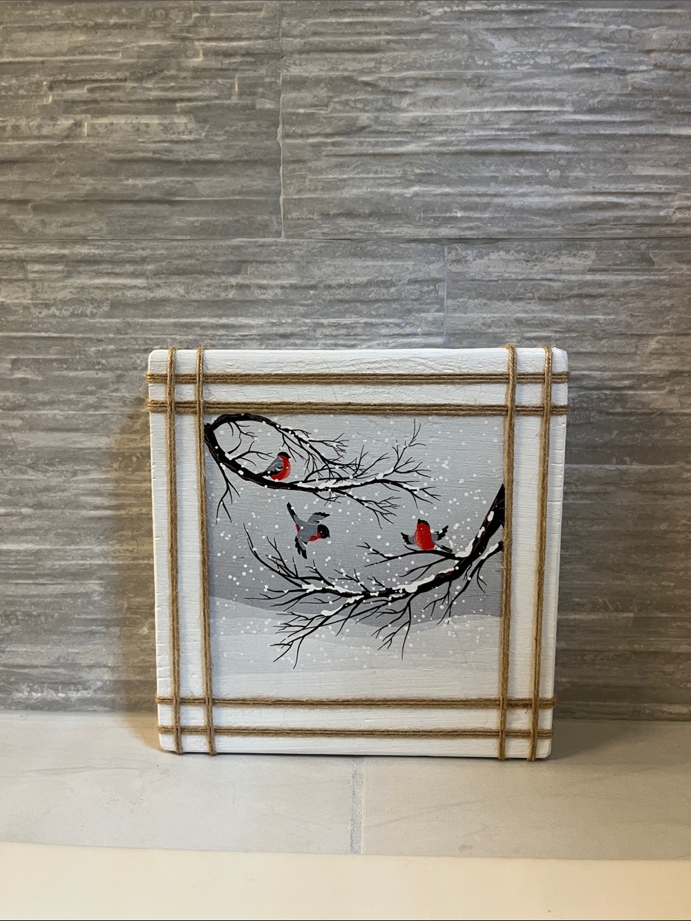 Hand-Painted Winter Bird Canvas Table Decor in White and Gray